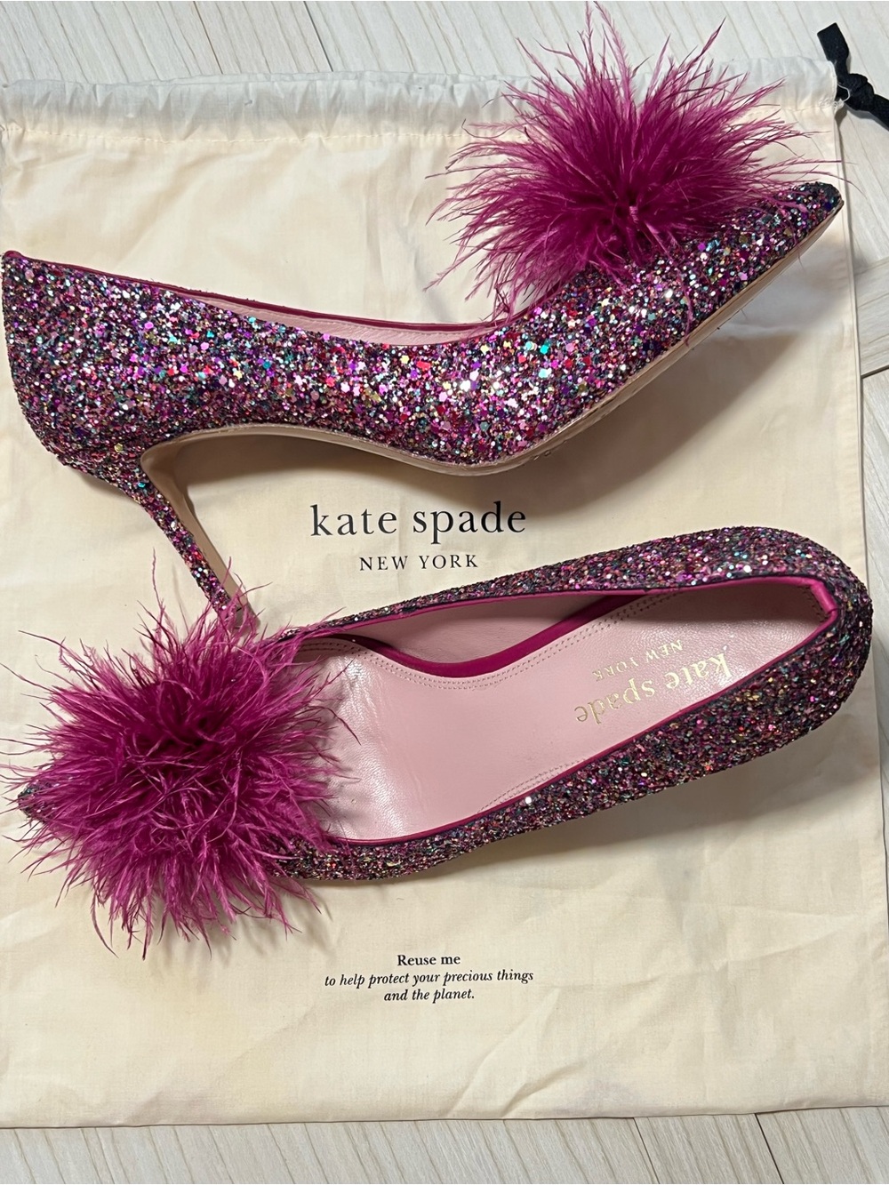 Kate Spade Marabou Glitter Dress Heels Fuchsia Feather Puff Statement Pumps 9.5 - Picture 4 of 12
